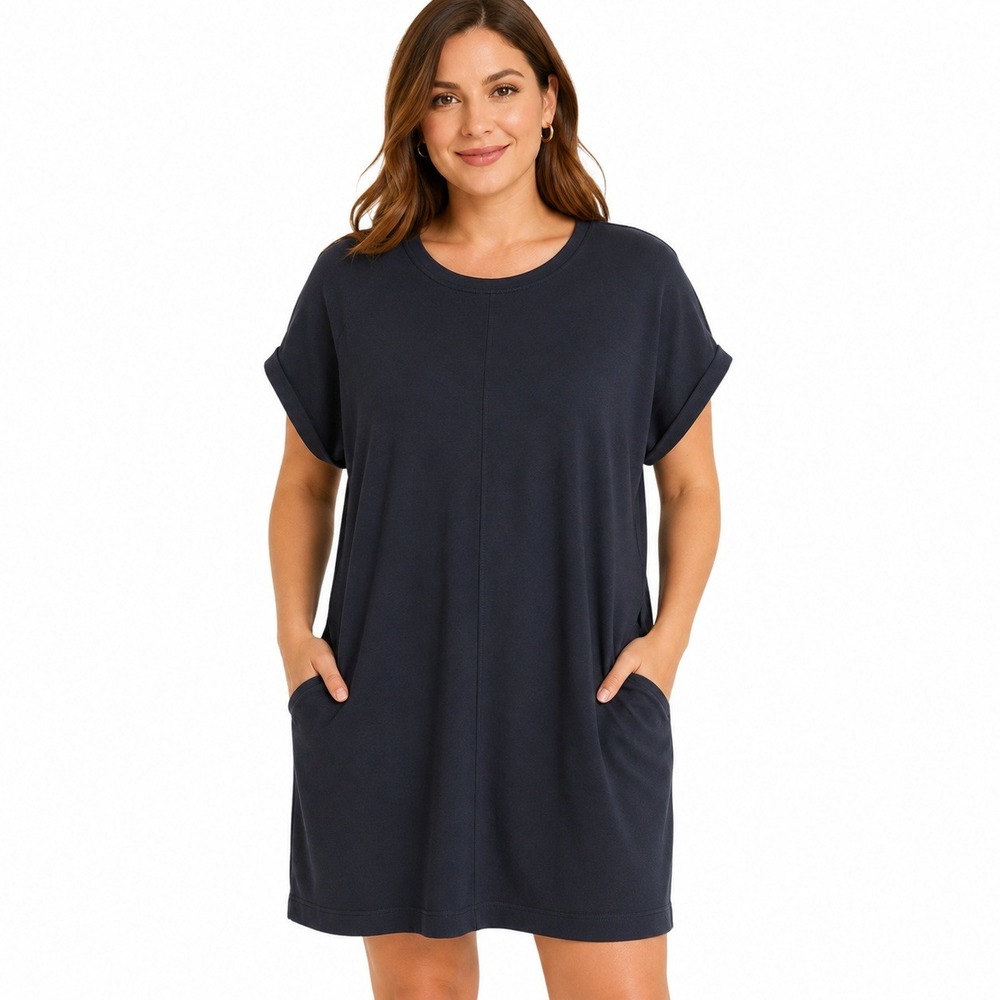 J.JIll Fit Dress Womans 1X Navy Blue Crew Neck Cuff Short Sleeve T-Shirt Pockets